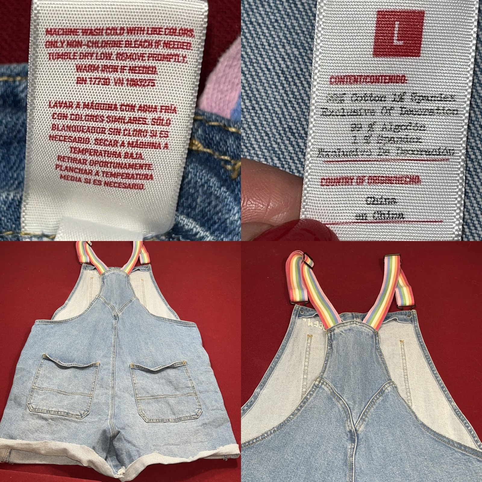 Vintage PRIDE Rainbow Blue Shortall Large Denim Shorts Bib Overalls Rainbow Straps Size 40" / US 18 - 9 Thumbnail