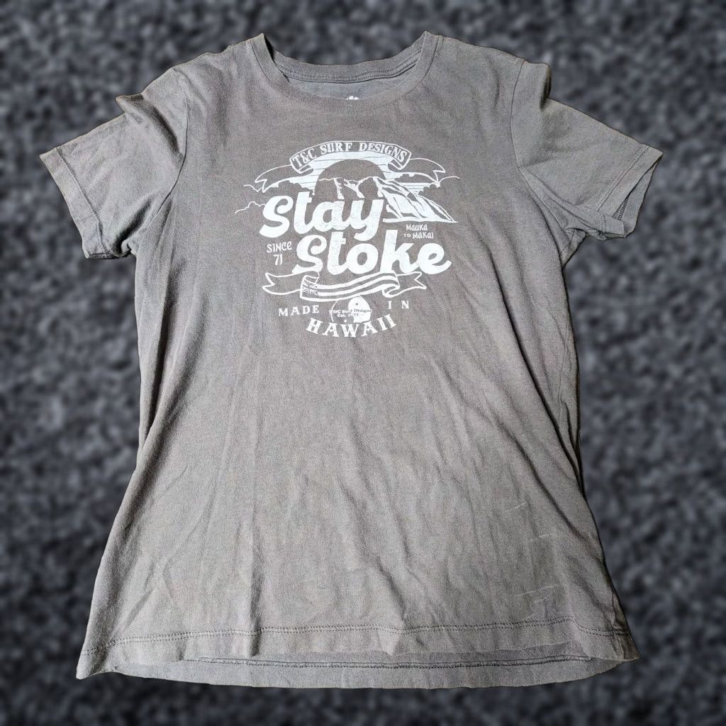 Vintage T&C Surf Designs Hawaii Stay Stoke Double Sided Gray Short Sleeve T-Shirt Womens Small Size S / US 4 / IT 40 - 1 Thumbnail
