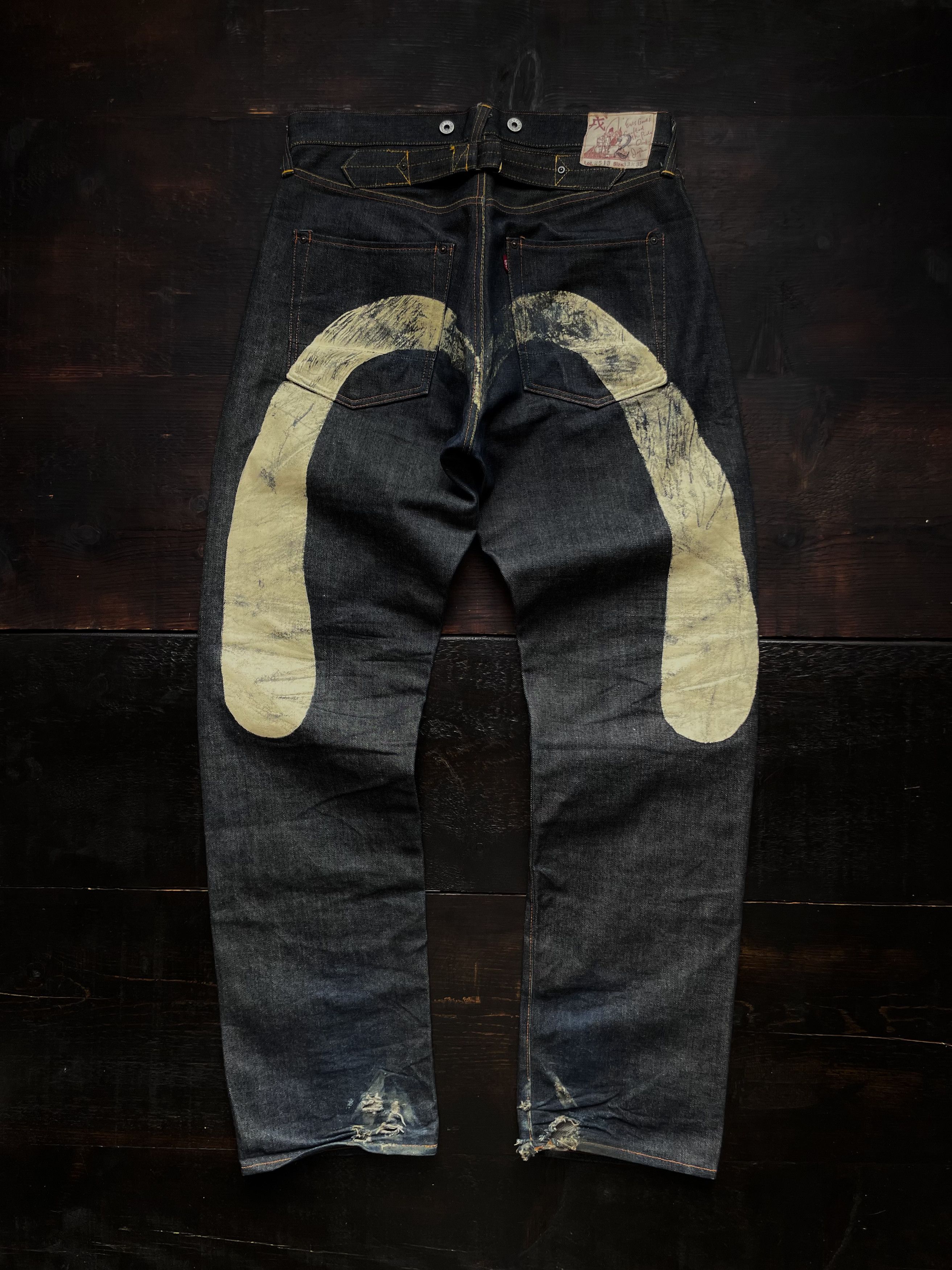 Image of Evisu 90's Evis Double Knee Hand Painted Selvedge Jeans in Navy, Men's (Size 33)