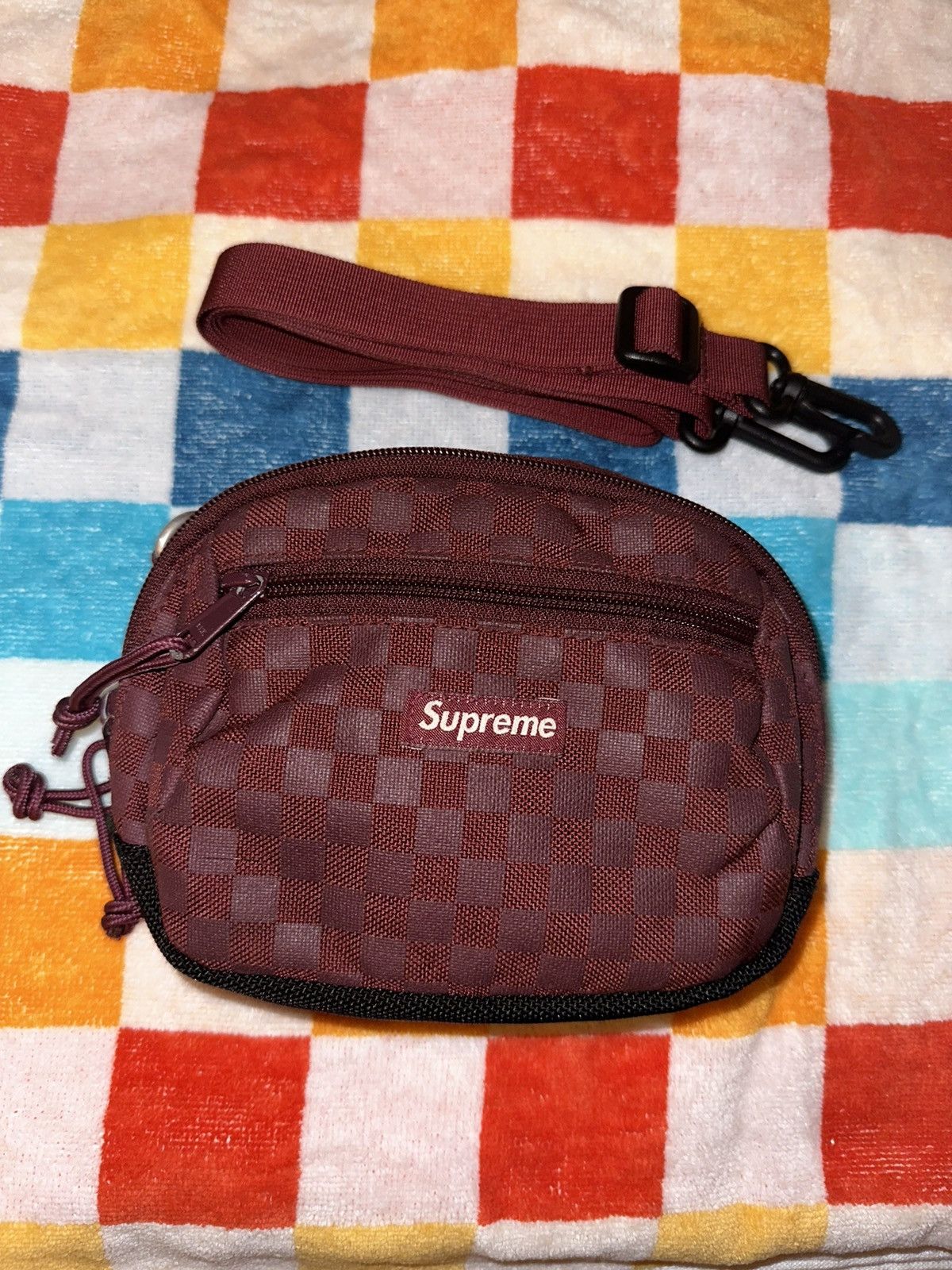 image of Supreme Checkered Shoulder Bag in Maroon, Men's