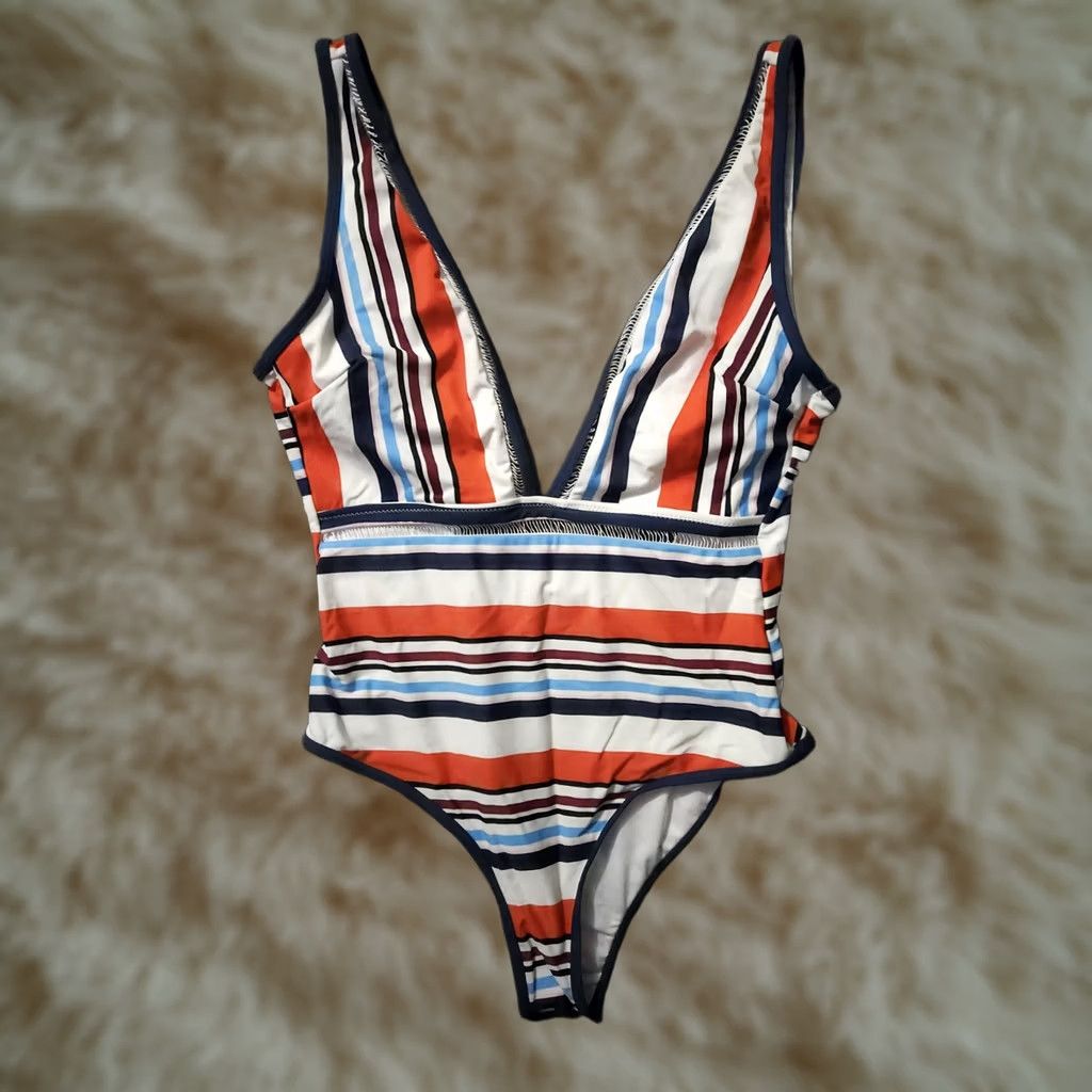 Vintage Cupshe One Piece Swimsuit Large Red White Blue Striped Women L Beach Tropical Pattern Size ONE SIZE - 1 Thumbnail