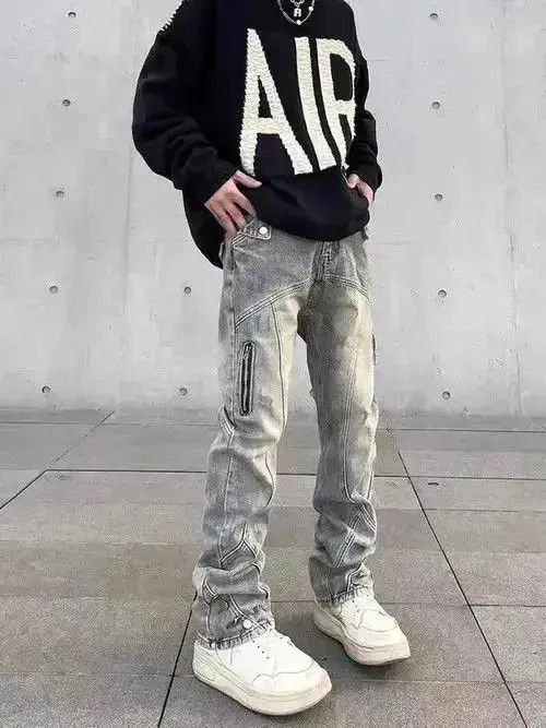 Japanese Brand Retro distressed yellow mud-dyed straight-leg zipper jeans Size US 32 / EU 48 - 5 Thumbnail