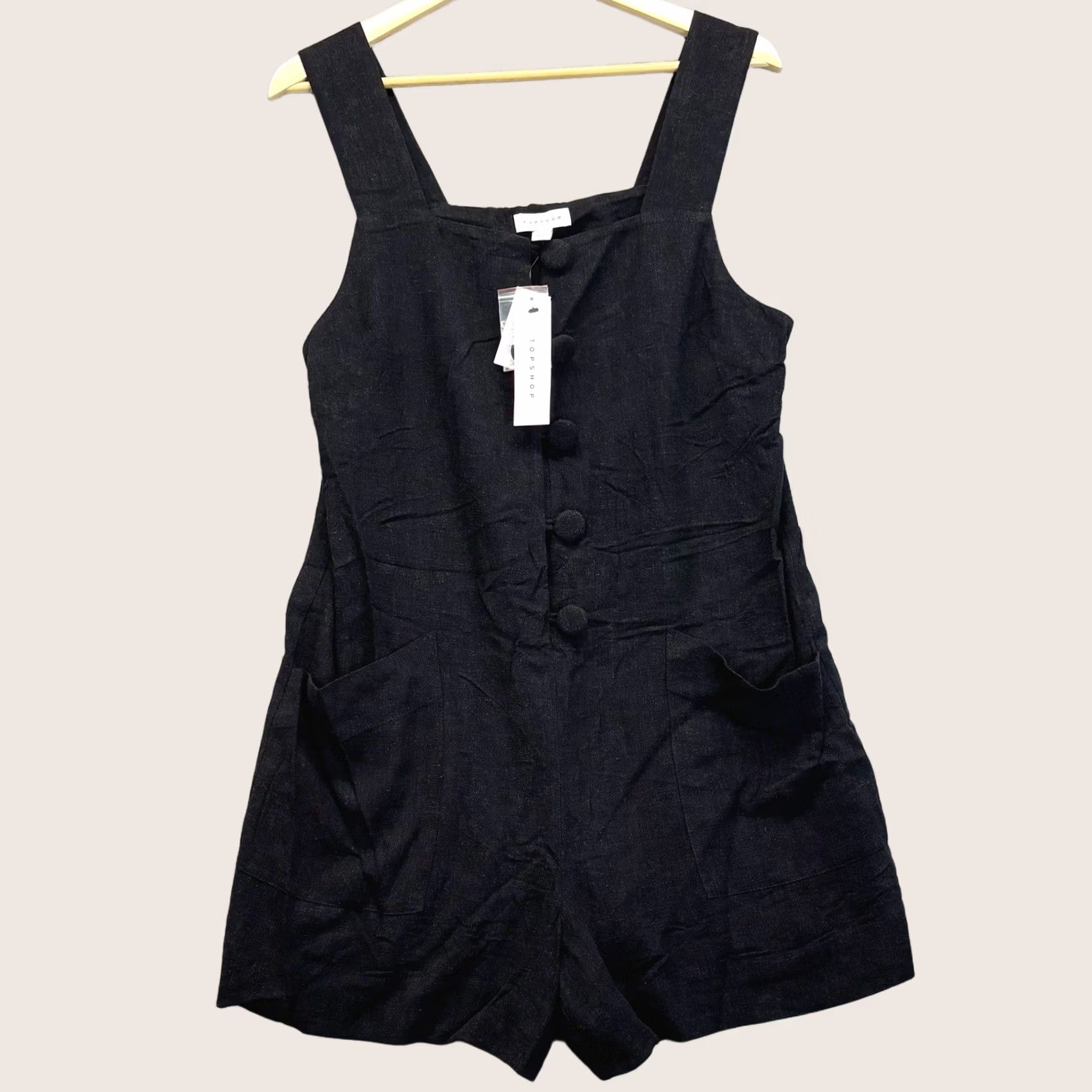 Topshop Topshop Romper Black Button Front Linen Blend Sleeveless Playsuit UK12 / 12 Women Regular Summer Spring Autumn Casual Party/Cocktail Travel Womens Size 34" / US 12 / IT 48 - 1 Thumbnail