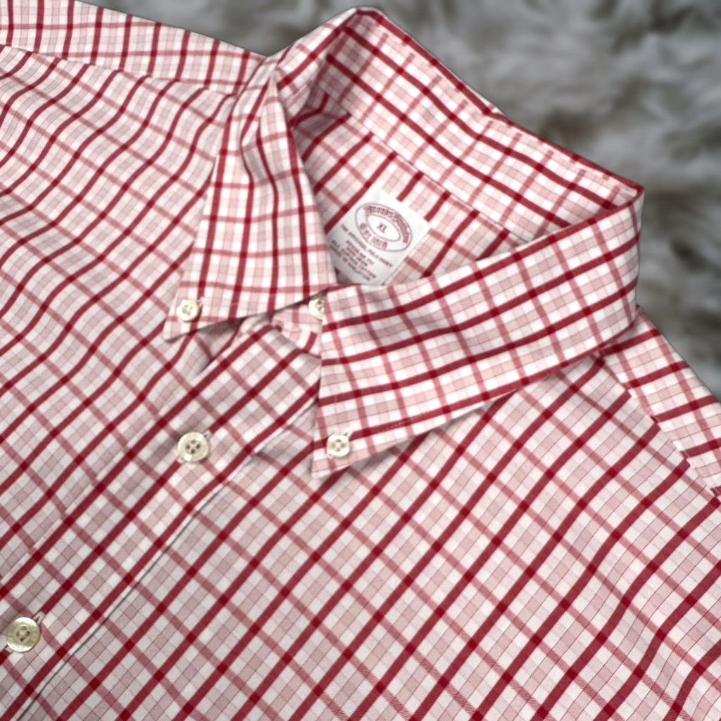 Brooks Brothers Non-Iron Button-Up Shirt Red White Check Long Sleeve XL Mens