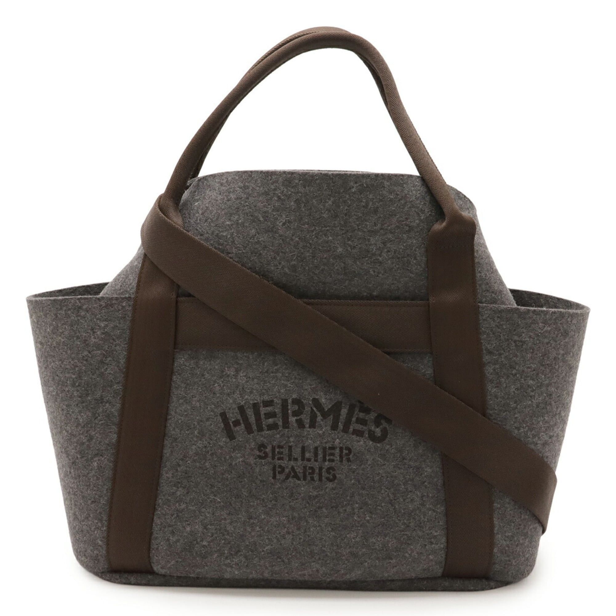 HERMES Sac de Pansage Groom Tote Bag Shoulder Felt Gray/Dark Brown with Inner Bag Y Stamp