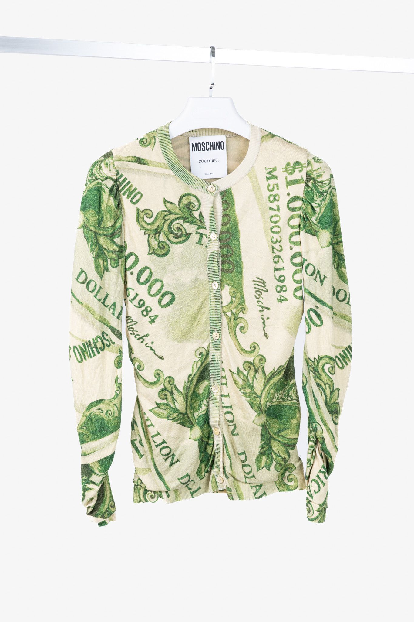 Moschino Moschino AW/19 Green Wool Money-Print Ruched Cardigan Size M / US 6-8 / IT 42-44 - 1 Thumbnail