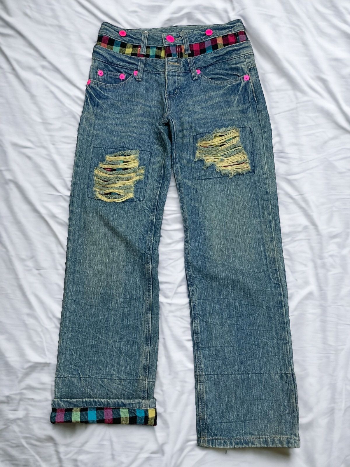 Double Waist Tartan Plaid Junya Style Distressed Rusty Denim