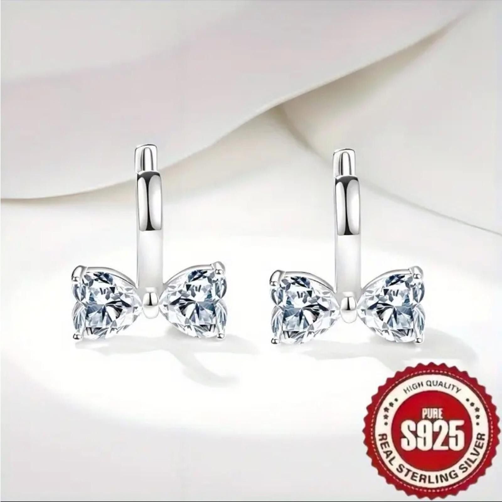 Designer S925 Silver Bow Earrings with Simulated Diamonds Size ONE SIZE - 4 Thumbnail