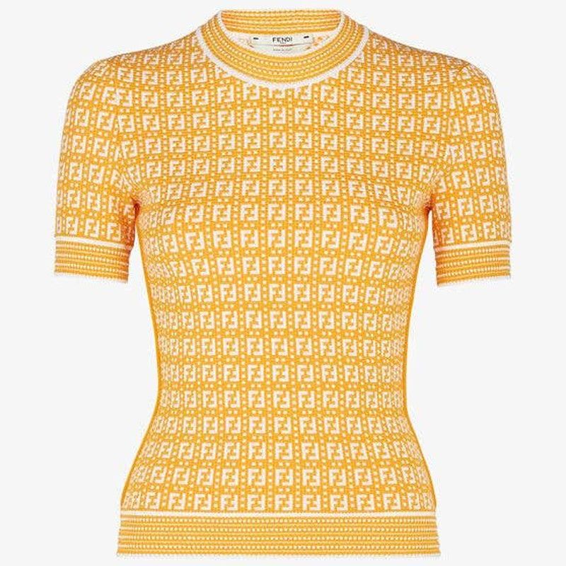 image of Fendi Short Sleeve Embossed Jacquard Pullover Sweater Orange, Women's (Size XS)