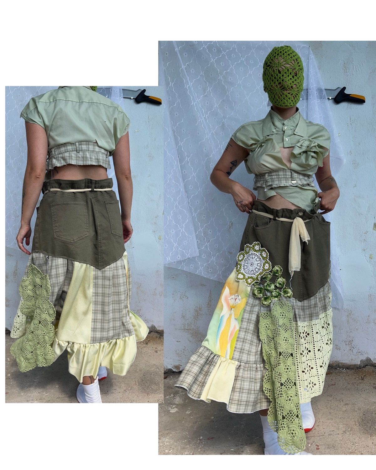 Custommade Upcycled Denim Patchwork Skirt with Vintage Kimono & Crochet Size 36" / US 14 / IT 50 - 6 Thumbnail