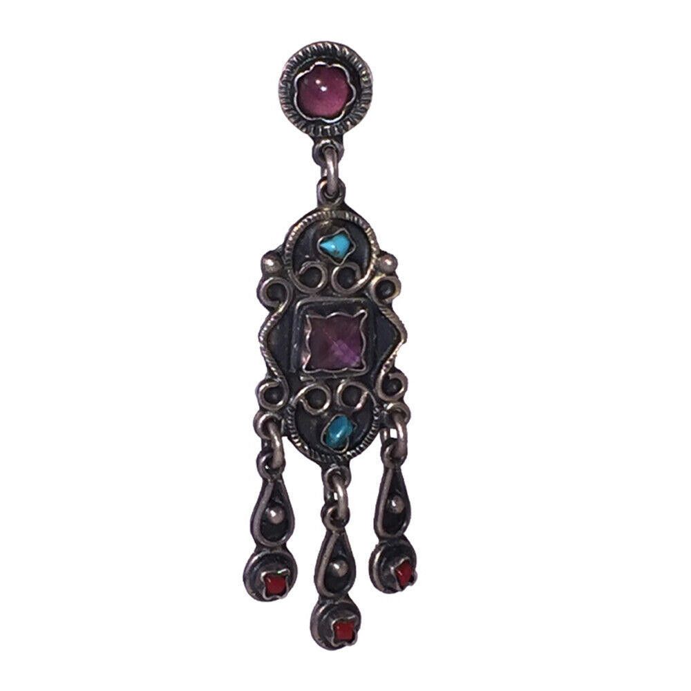 Designer Mexican Sterling Silver Gemstone Chandelier Dangle Earrings Size ONE SIZE - 2 Thumbnail