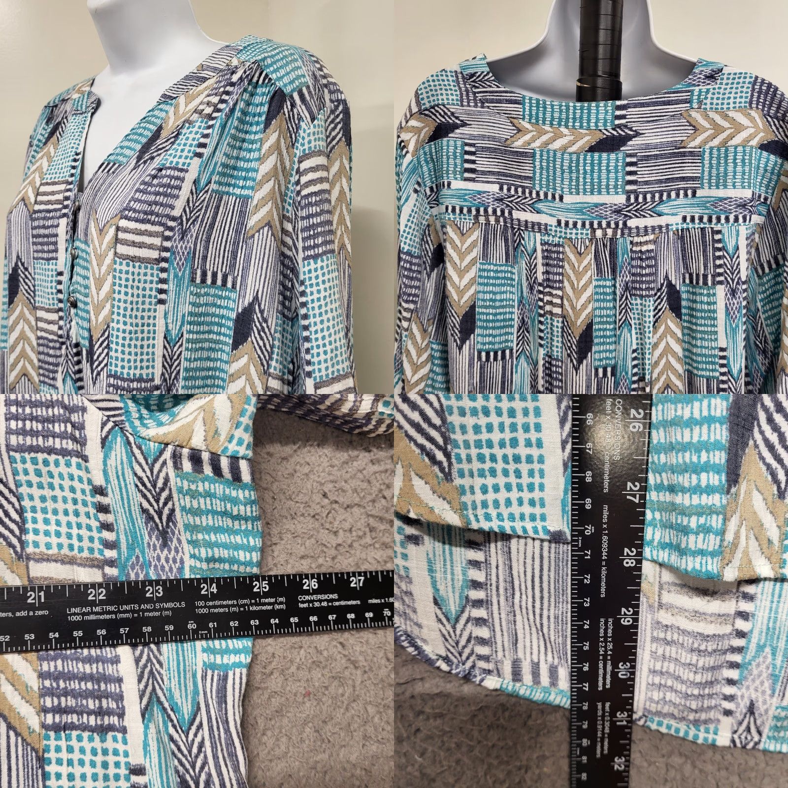 Vintage Kim Rogers Curvy Shirt Blouse 1X Women Blue Turquoise Chevron Stripe Top Knit Polyester Rayon 3/4 Sleeve V-Neck Tunic Size XL / US 12-14 / IT 48-50 - 8 Thumbnail