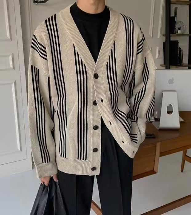 image of Vintage Beige Striped Knit Cardigan Sweater in Khaki, Men's (Size Large)