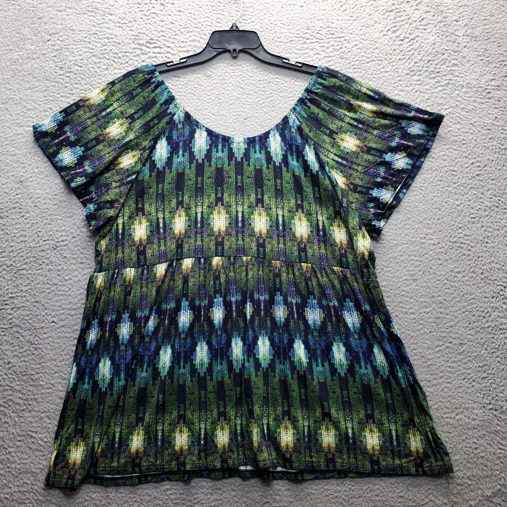 Avenue Avenue Blouse Top Womens Size 26/28 Multi Geo Print Viscose Short Sleeve Smocked Dressy Shirt Size 4XL / US 24-26 - 2 Thumbnail