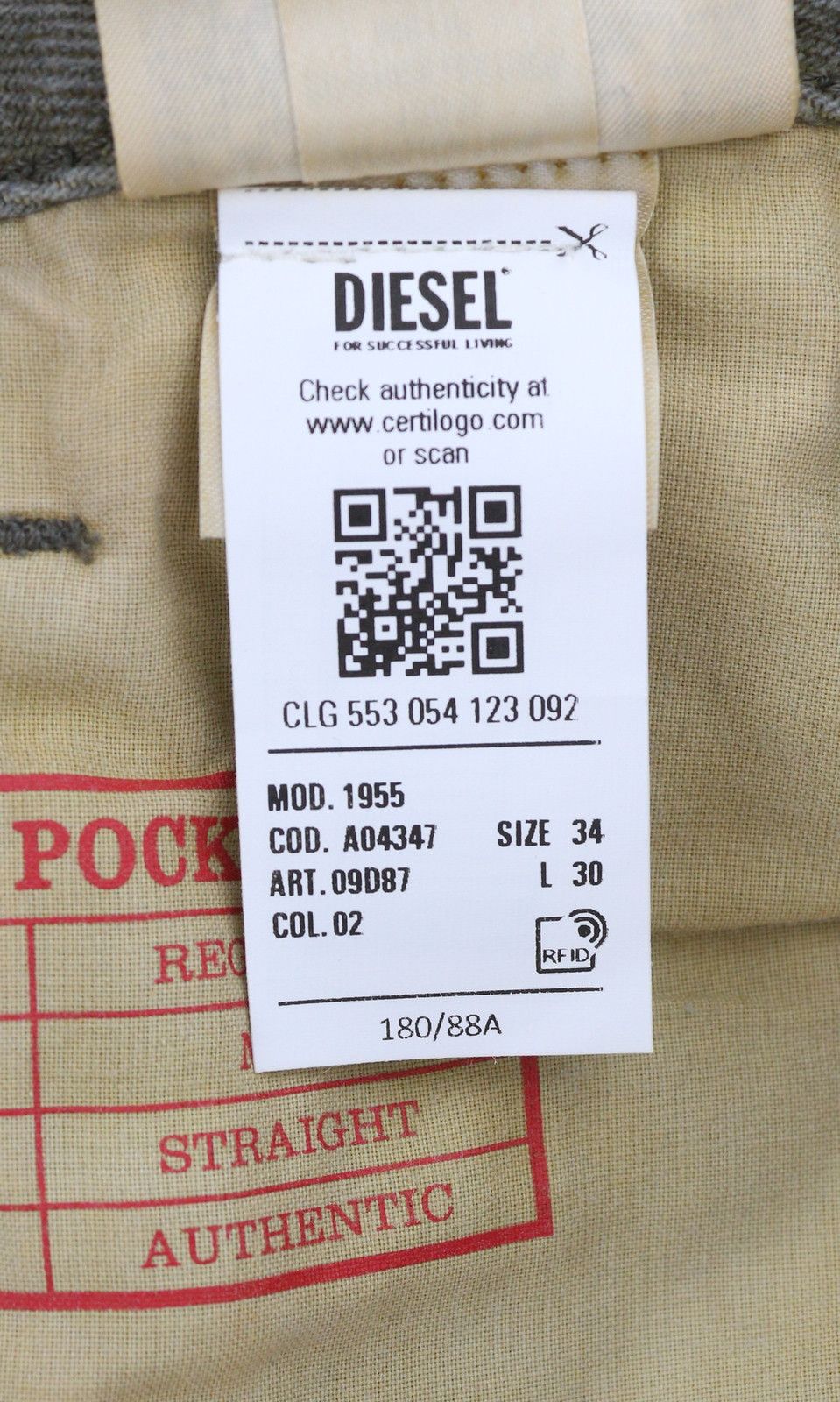 Diesel 1955 09D87 W34/L30 Aged Look Regular Straight 85424 Size US 34 / EU 50 - 10 Thumbnail