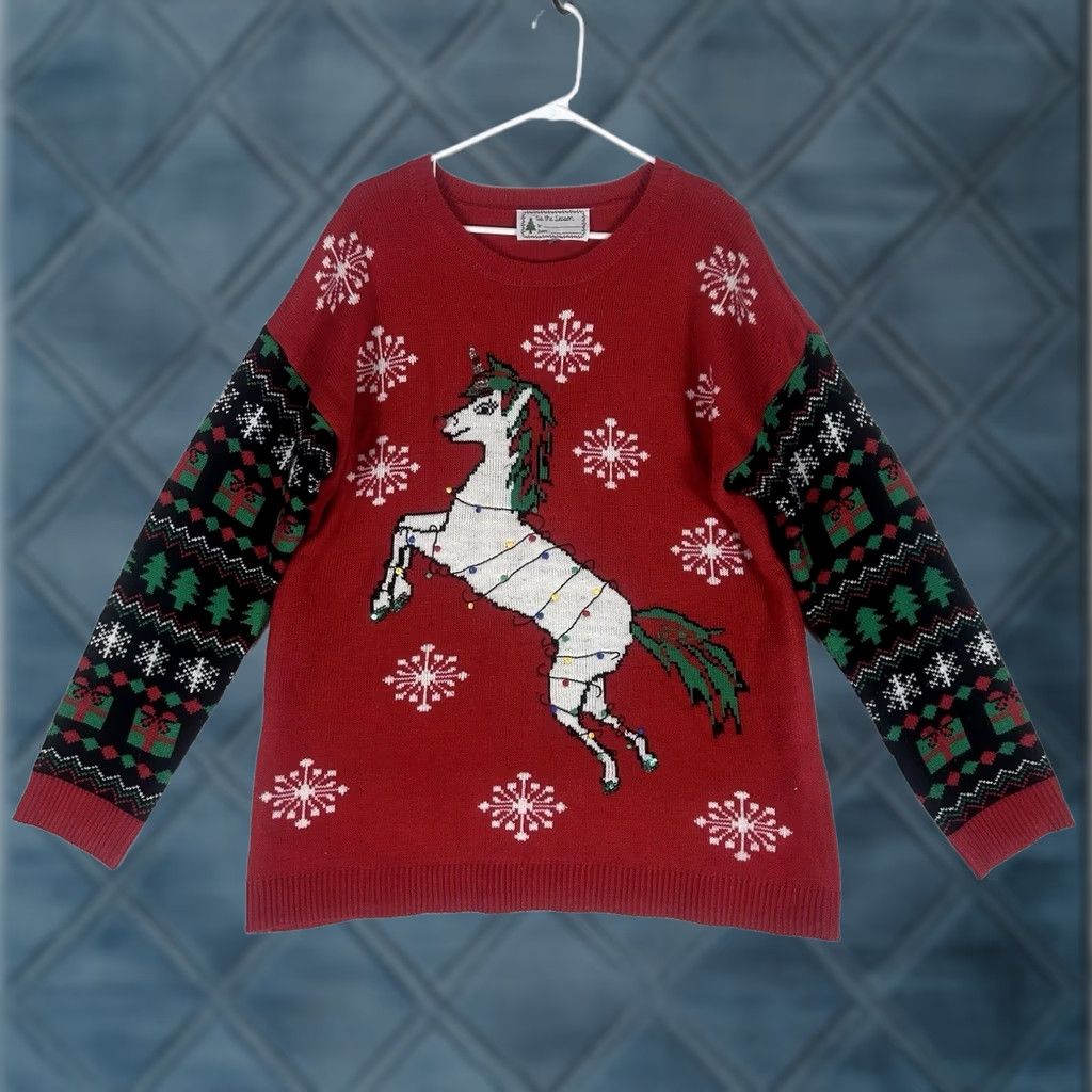 Vintage VINTAGE Ugly Christmas Sweater Unicorn Womens L Red Crew Neck Pullover Holiday L/S Size L / US 10 / IT 46 - 1 Thumbnail