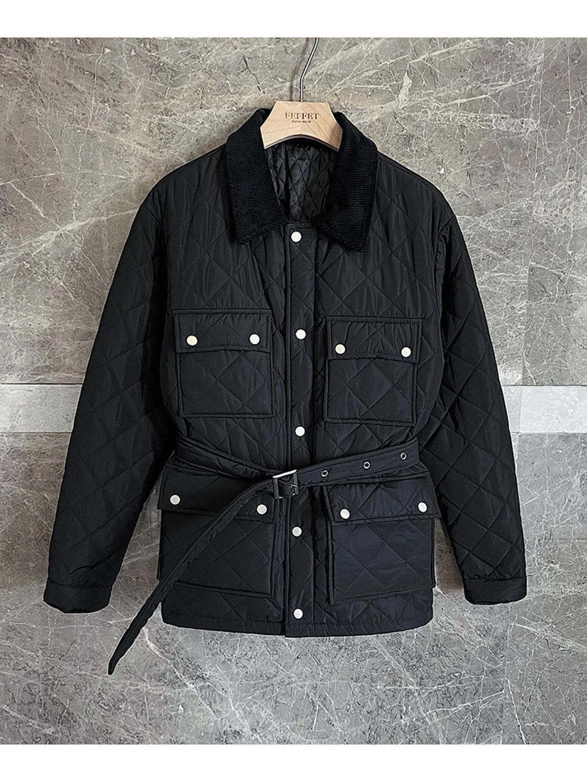 Vintage Black Quilted Belted Jacket, Men's Stylish Outerwear Size US M / EU 48-50 / 2 - 1 Thumbnail