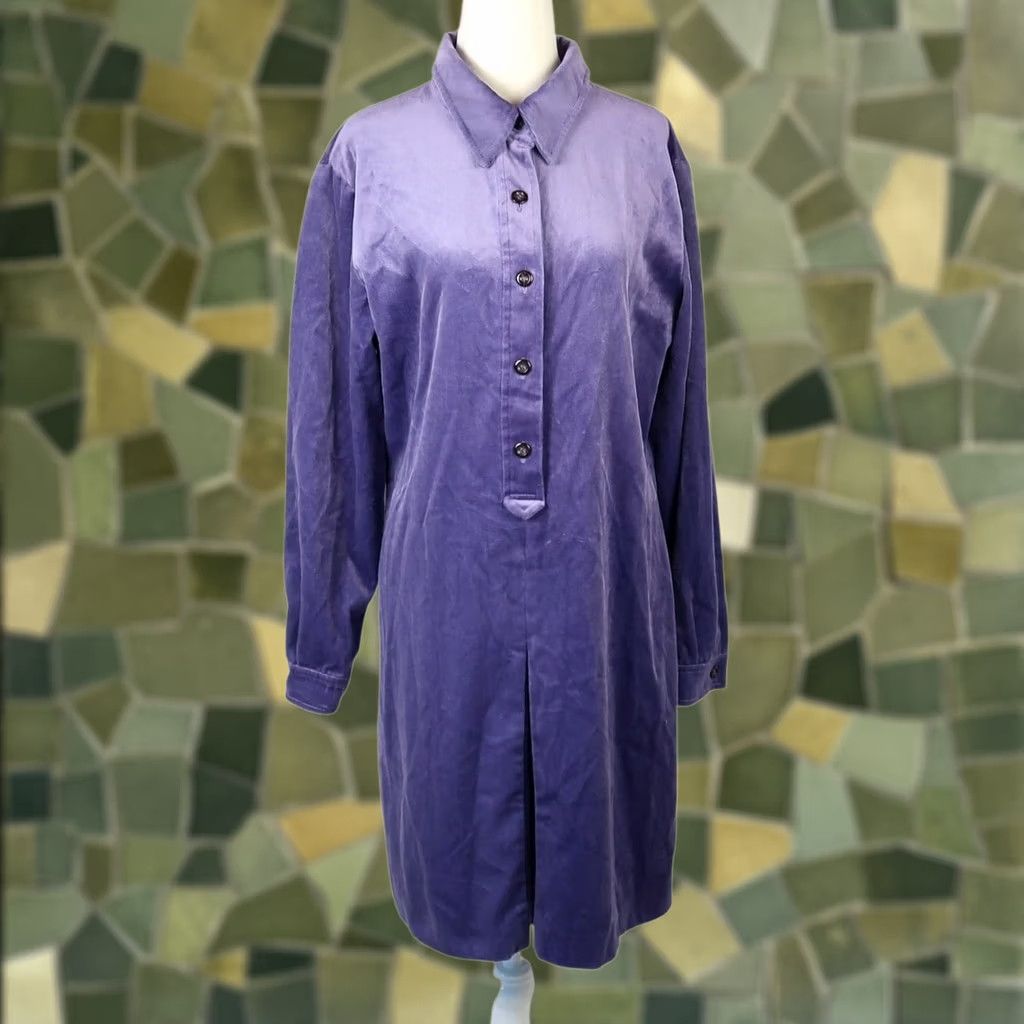 Liz Claiborne VINTAGE Liz Claiborne Shirt Dress M Purple-Blue Velvet Mini 90s Womens Size M / US 6-8 / IT 42-44 - 1 Thumbnail