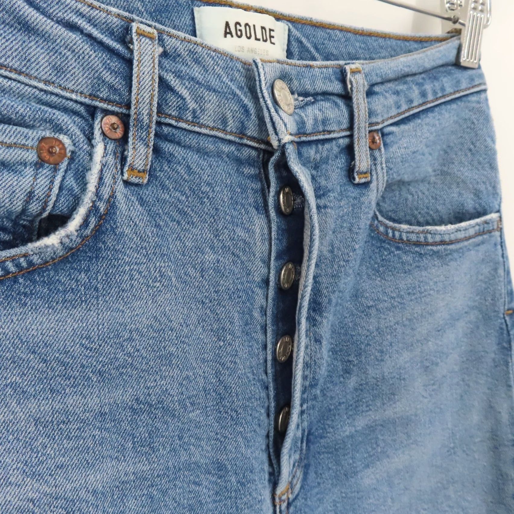 Agolde AGOLDE Womens 25 Riley Button Fly Distressed Medium Blue Denim Jeans Cotton Size 42" / US 20 - 3 Thumbnail