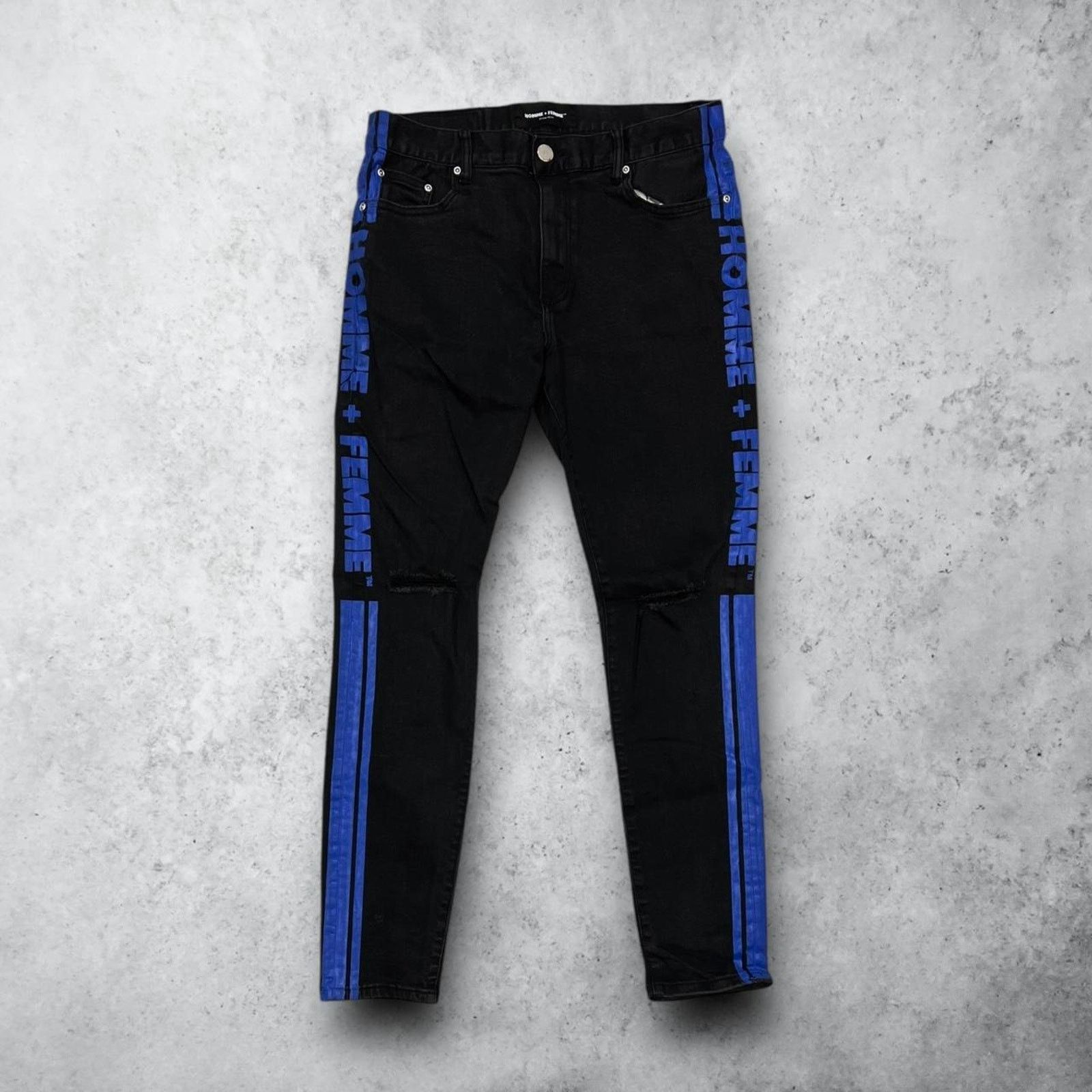 Homme + Femme La Homme + Femme Black & Blue Skinny Jeans w/ Side Text Size US 34 / EU 50 - 1 Thumbnail