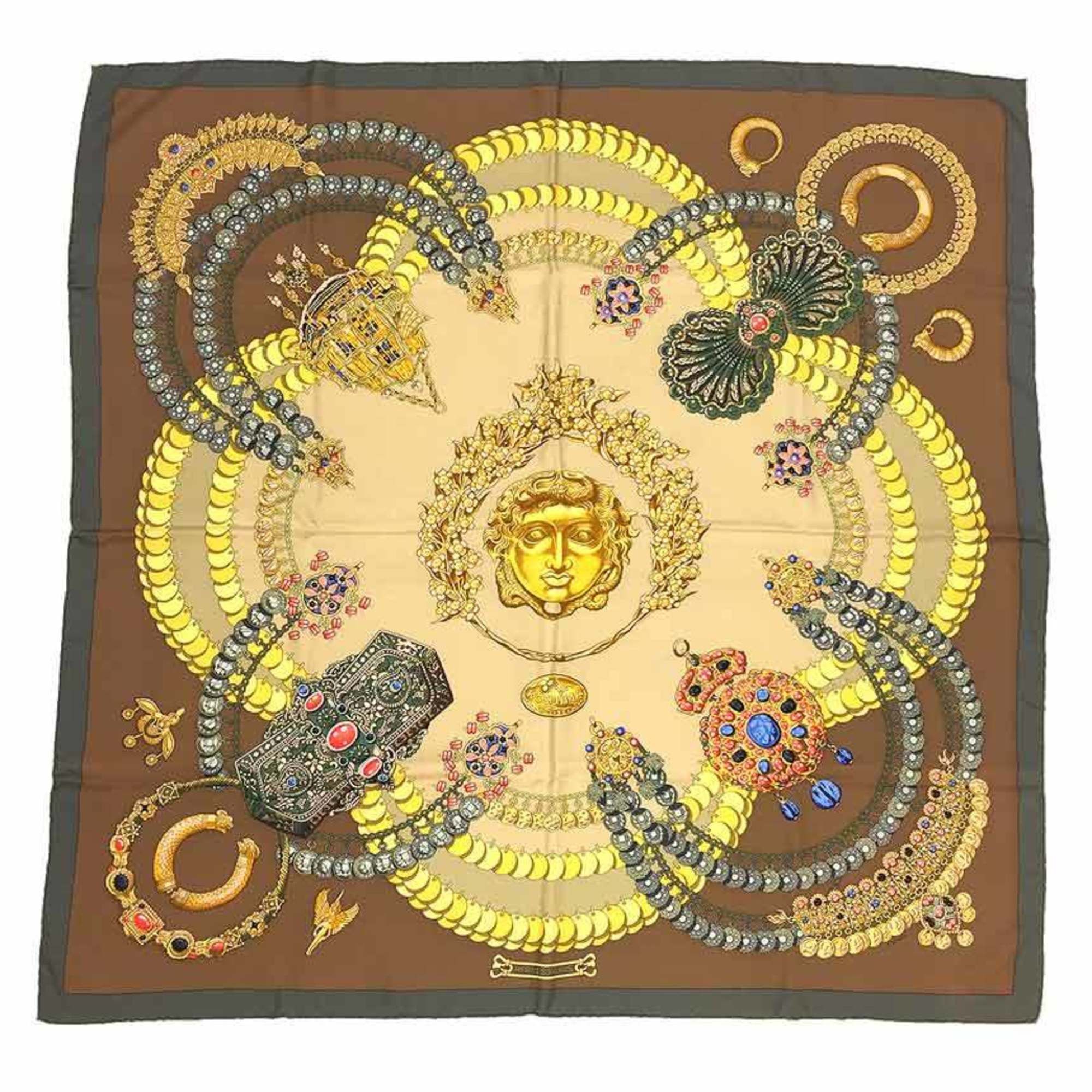 image of Hermes Carre 90 Scarf Muffler Kosmima Space Khaki Brown Beige 100% Silk in Black, Women's