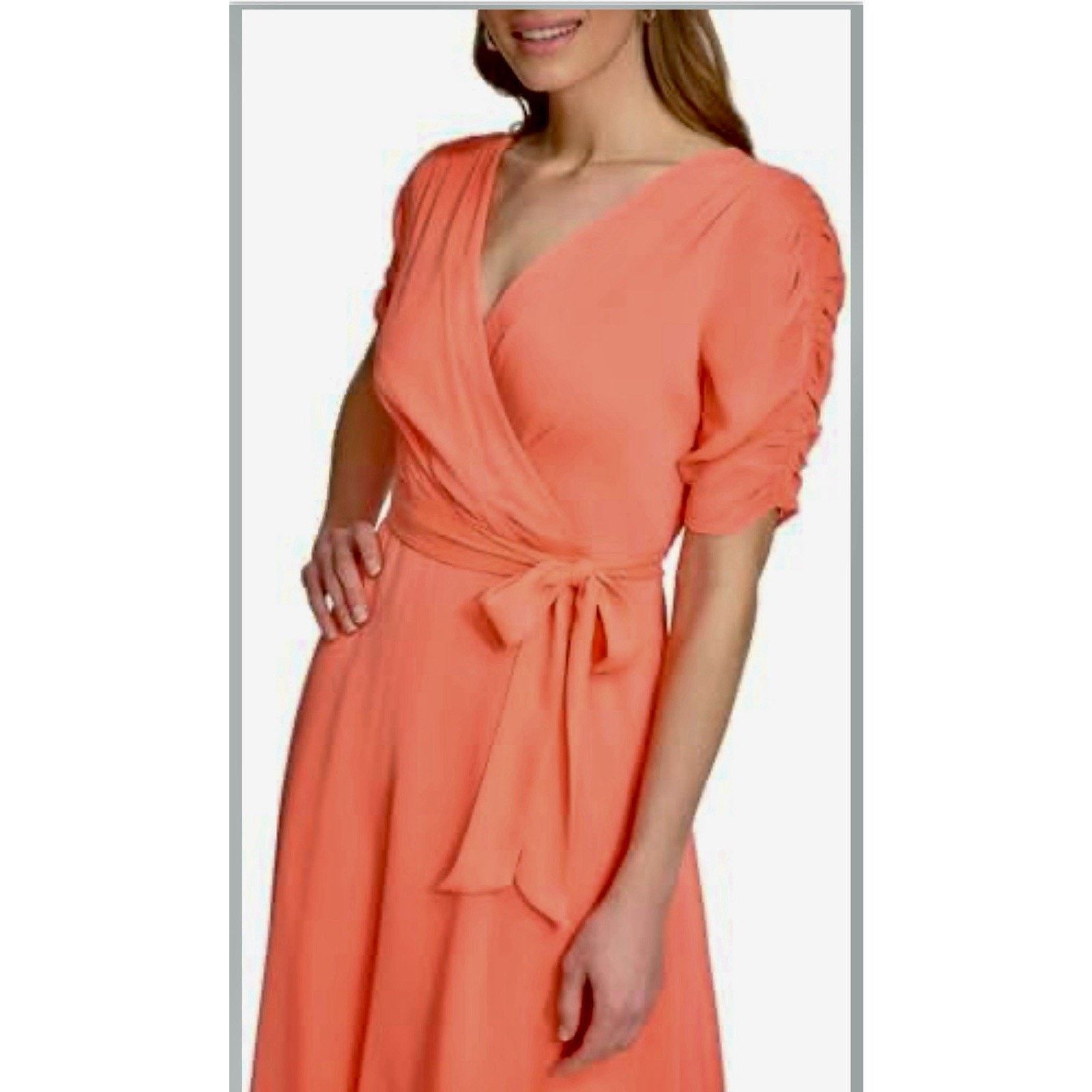 DKNY DKNY Women's Coral Wrap Dress with Ruched Sleeves Size 4 Size S / US 4 / IT 40 - 1 Thumbnail