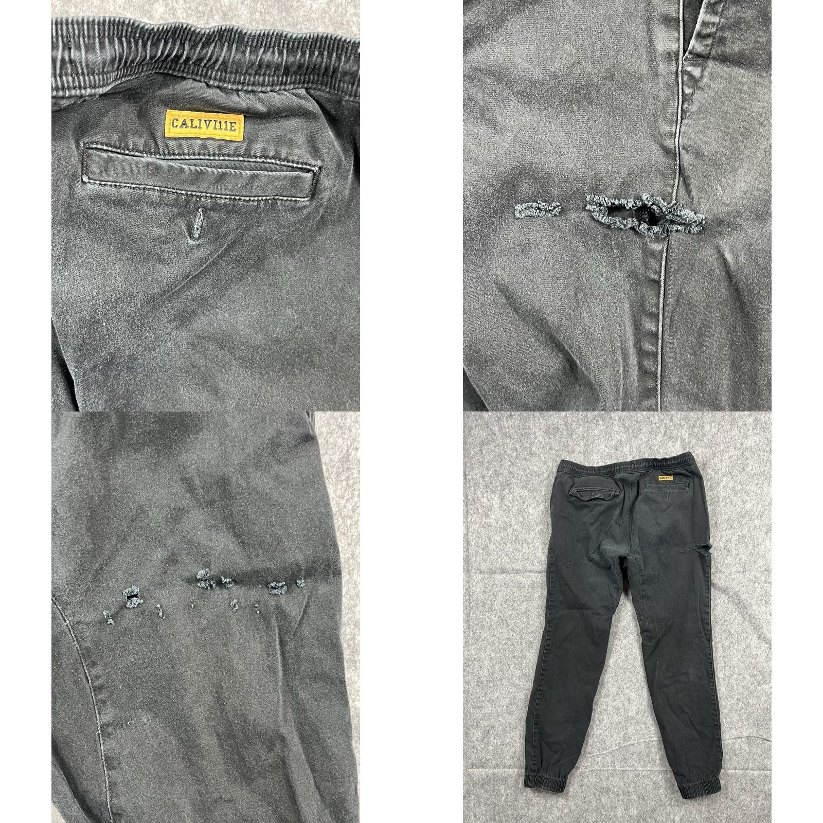 Vintage Caliville Mens Large Black Lightweight Distressed Joggers Outdoor Activewear Athletic Zip Pocket Pockets Elastic Waist 27in Inseam — Size L Mens Size US 33 - 8 Thumbnail