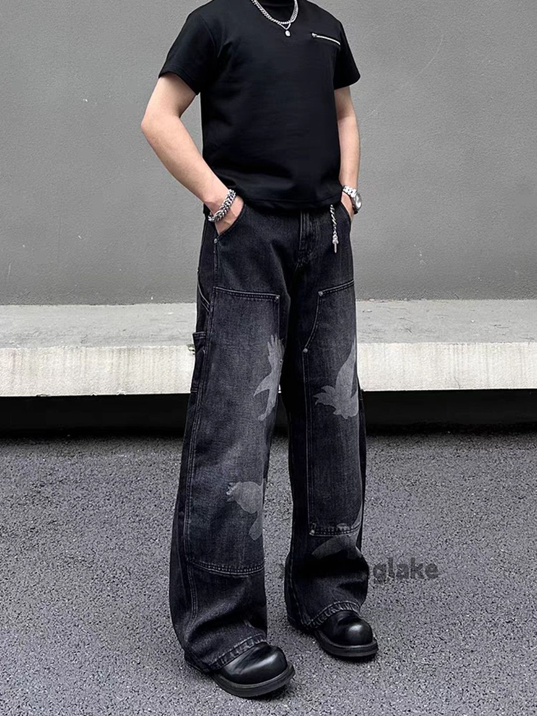 Jean Unisex washed faded carpenter pattern punk pants Size US 32 / EU 48 - 4 Thumbnail