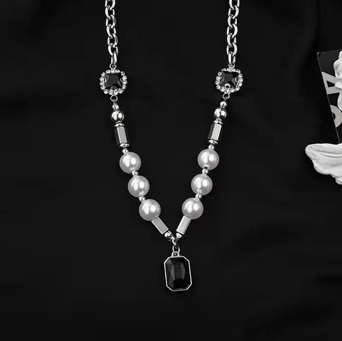 Jewelry Black Rhinestone Pendant Pearl Necklace Size ONE SIZE - 1 Thumbnail
