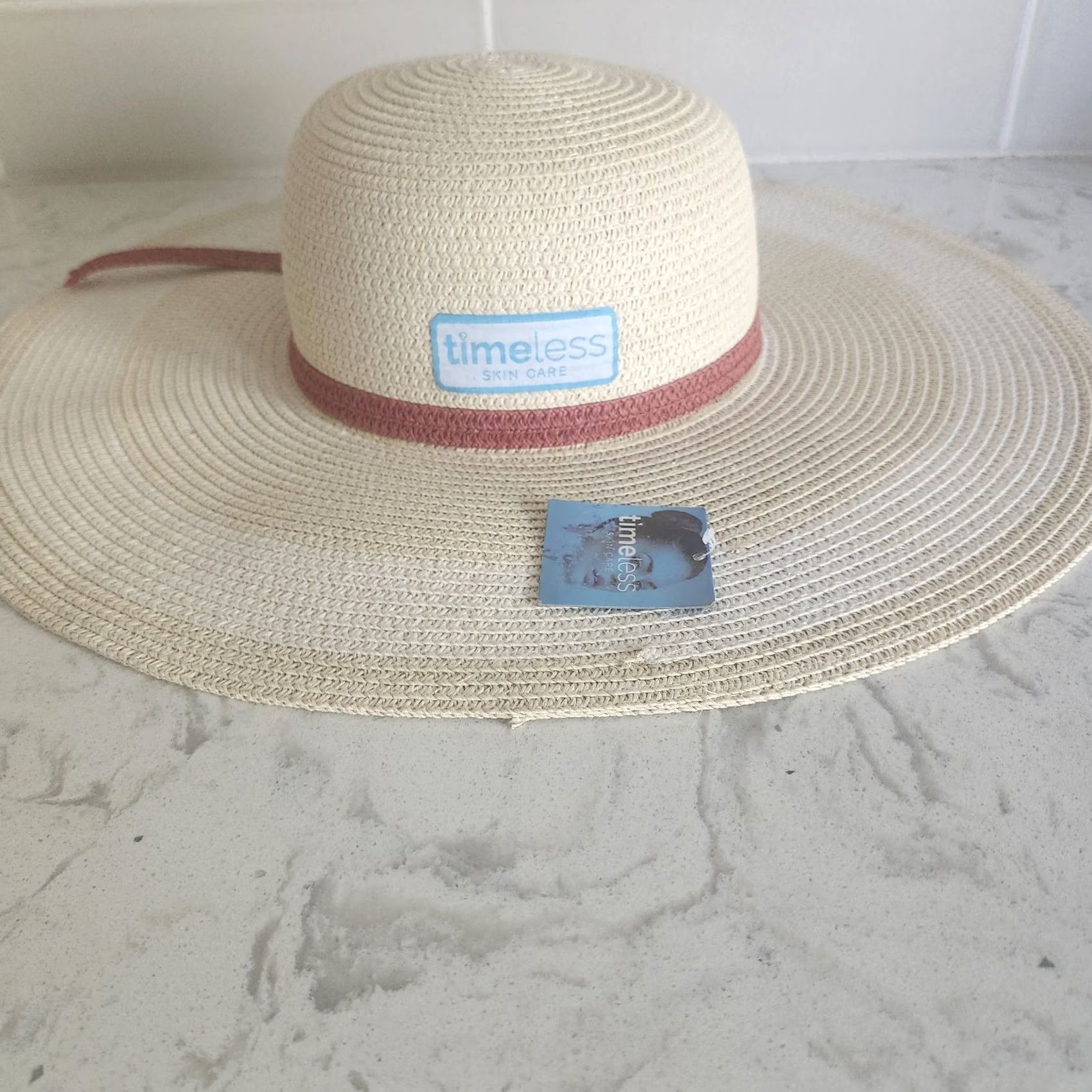 MLB Timeless Skin Care MLB LA Anaheim Angels Ladies Beige Straw Wide Brim Sun Hat Boho Baseball Logo Red Band Size ONE SIZE - 7 Thumbnail