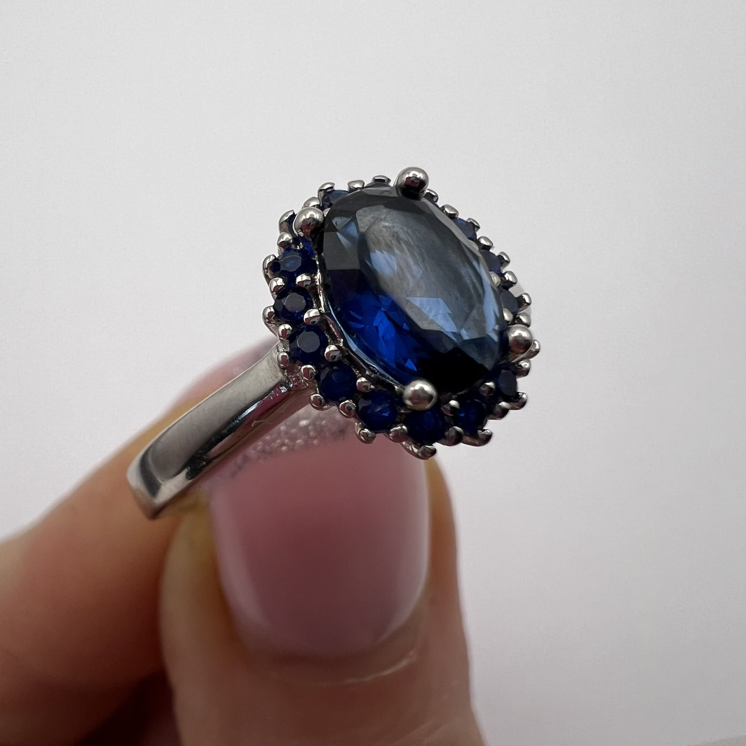 Sterling Silver 925 Sterling Silver Blue Sapphire Ring with Halo Stones Size ONE SIZE - 3 Thumbnail