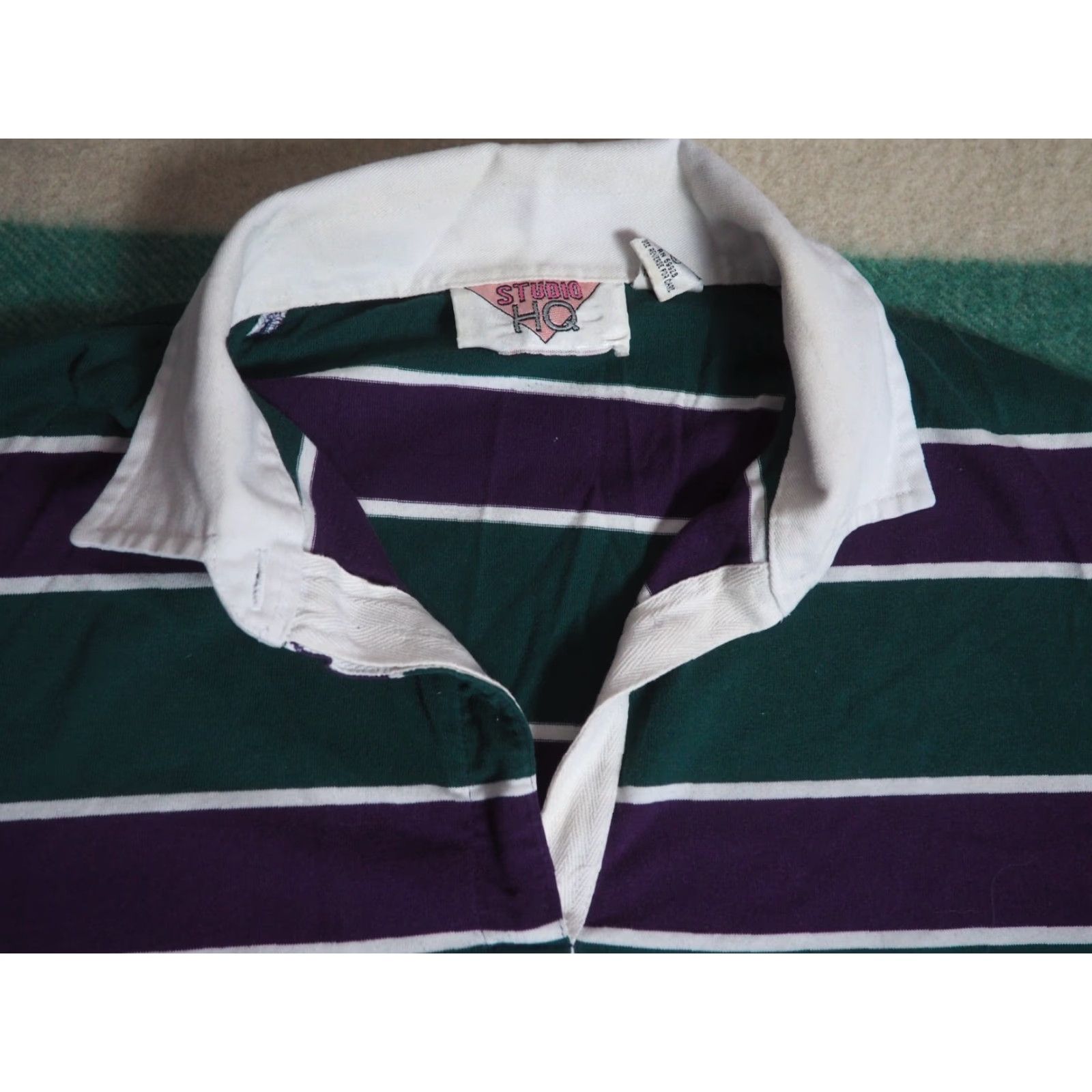 Vintage VINTAGE Studio HQ Rugby Shirt L Mens Green Decade 1990s Striped L/S Polo Cotton Blend Size US L / EU 52-54 / 3 - 3 Thumbnail