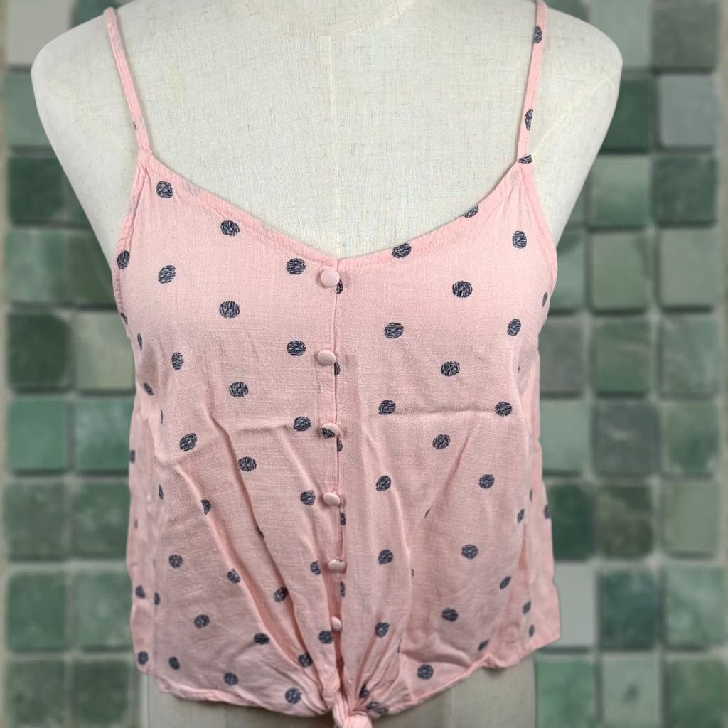 Pinko MINE Camisole Tank Top Women S Pink Polka Dot Button Front Tie TB4600 Boho Summer V-Neck Spaghetti Strap Size S Regular Color Pink Size S / US 4 / IT 40 - 1 Thumbnail