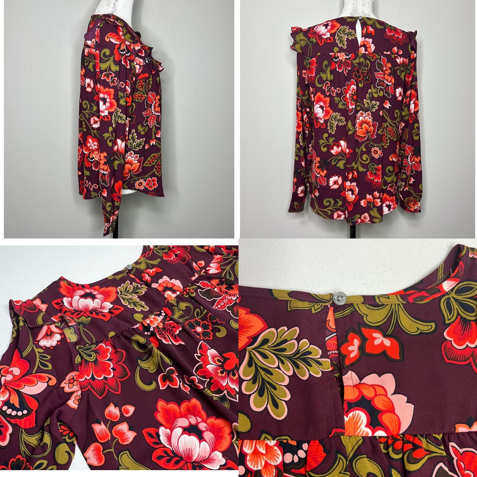 Loft LOFT Floral Crochet Long Sleeve Ruffle Top Womens XS Burgundy Red Olive Green Boho OfficeBlouse Size XS / US 0-2 / IT 36-38 - 8 Thumbnail