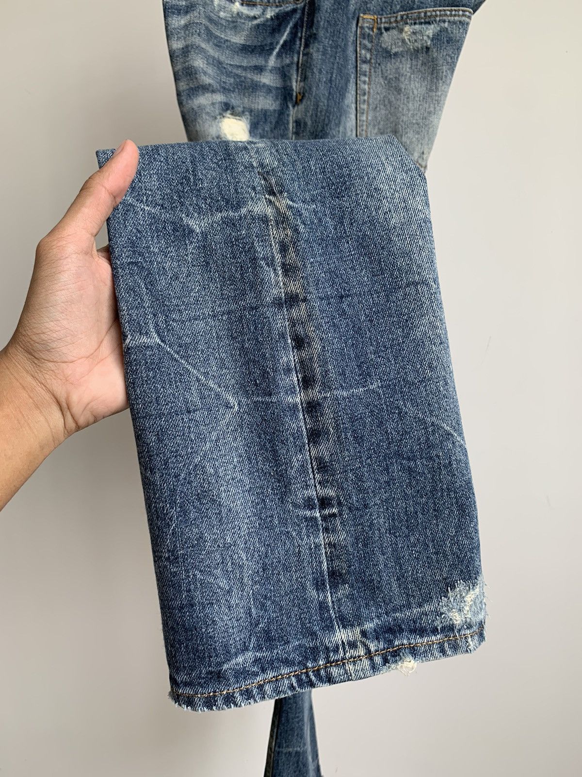 Japanese Brand Jackrose Crash Denim Flared Boot Cut Jeans Size US 31 - 12 Thumbnail