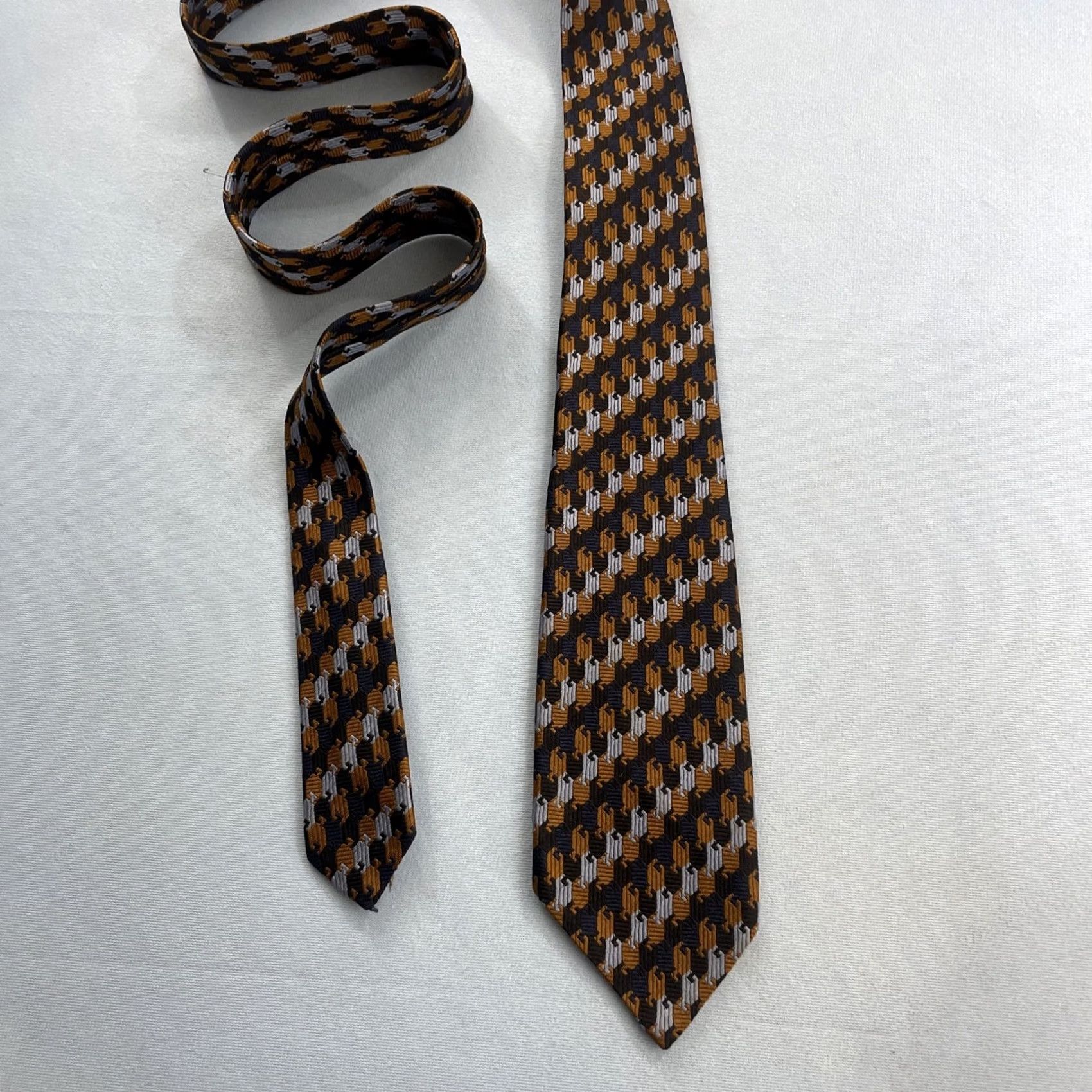 Vintage Vtg 60s Woven Tie Optical Key Checkerboard Geometric Navy Blue Orange White 3x54 Capsule Necktie Size ONE SIZE - 4 Thumbnail