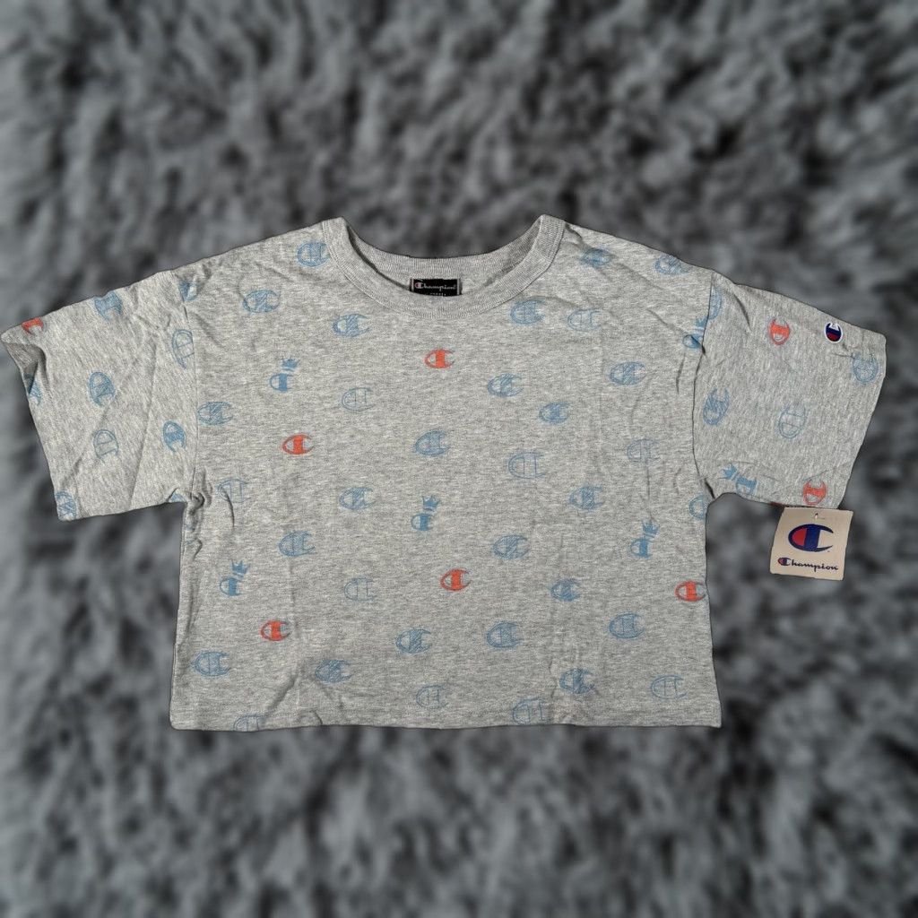 Champion Champion Shirt Womens XS Gray All Over Logo Cropped Crewneck Tee 100% Cotton Size XS / US 0-2 / IT 36-38 - 1 Thumbnail