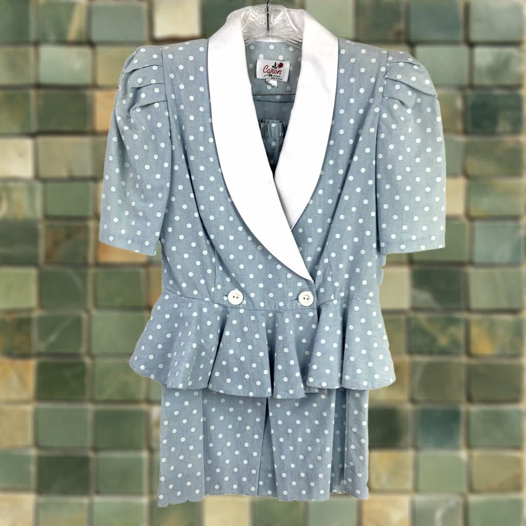 Vintage Vintage Caron Blue Gray White Polka Dot Skirt Shirt Outfit Set Size 10 Size L / US 10 / IT 46 - 1 Thumbnail