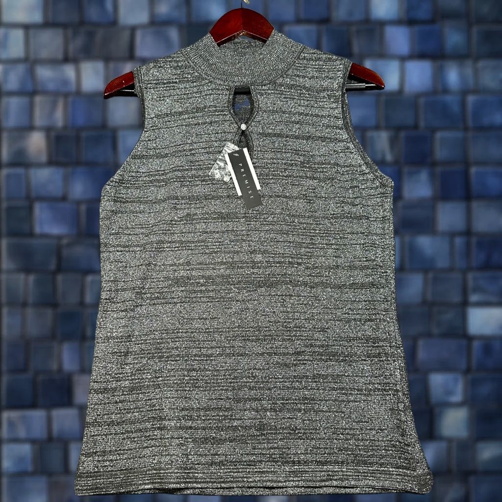 Vintage Premise Top Womens Large Gray Silver Metallic Knit Mock Neck Sleeveless Size L / US 10 / IT 46 - 1 Thumbnail