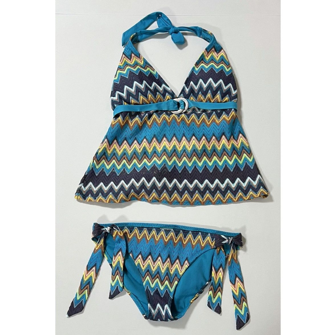 Perry Ellis Blue Zigzag Tankini Bikini Top and Bottoms Set Size M 🤎✨ Size M / US 6-8 / IT 42-44 - 1 Thumbnail