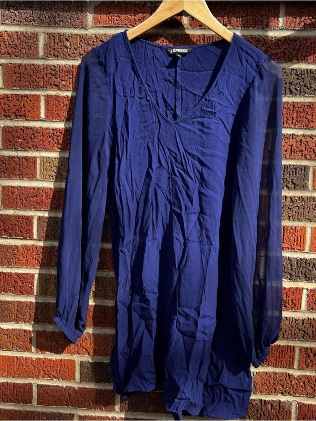 Express Express Royal Blue V Neck Long Sleeve Tunic Mini Dress Size L / US 10 / IT 46 - 2 Thumbnail
