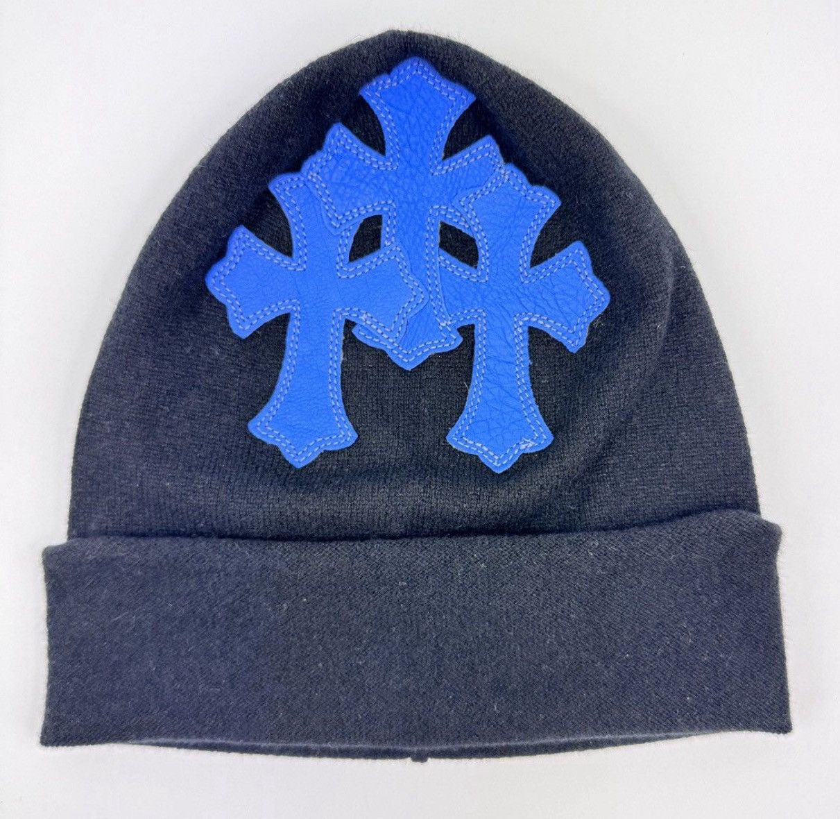 Chrome Hearts BLUE TRIPLE CROSS LEATHER PATCH BEANIE Size ONE SIZE - 1 Thumbnail