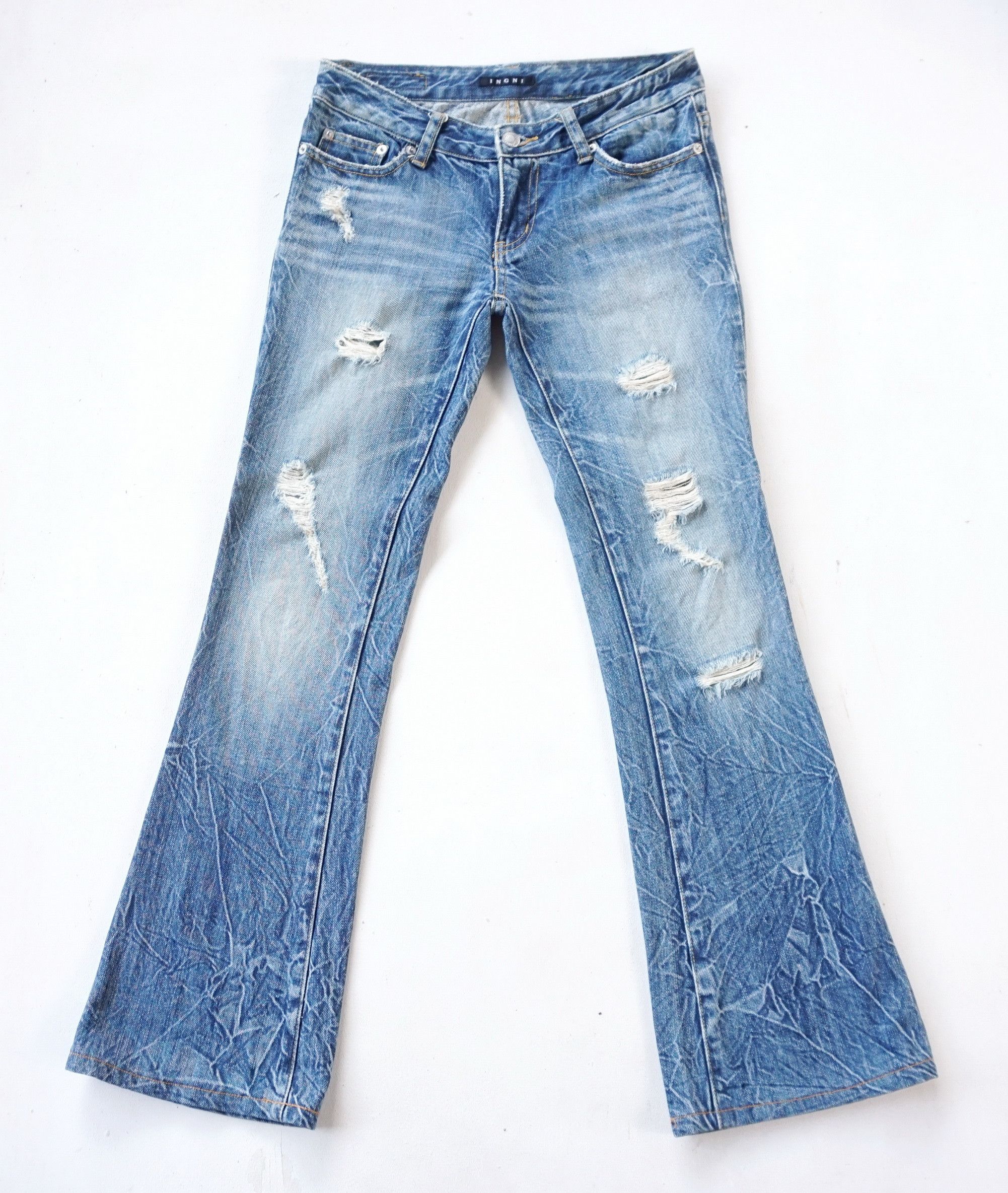 image of Ingni Low Rise Ripped Flare Jeans in Blue, Women's (Size 26)