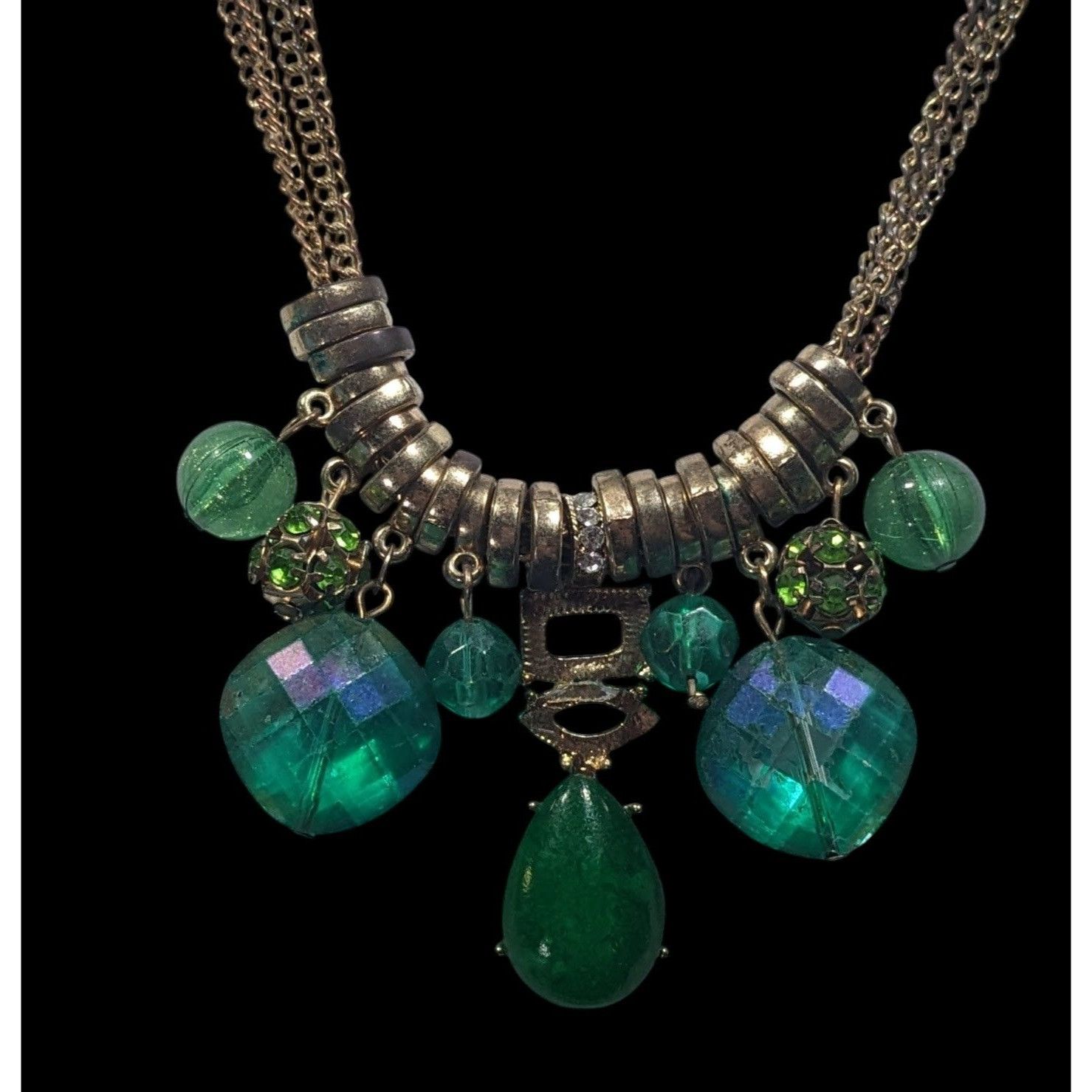 Other Vintage Whimsical Glam Green And Gold Tone Gemmed Necklace Size ONE SIZE - 2 Thumbnail