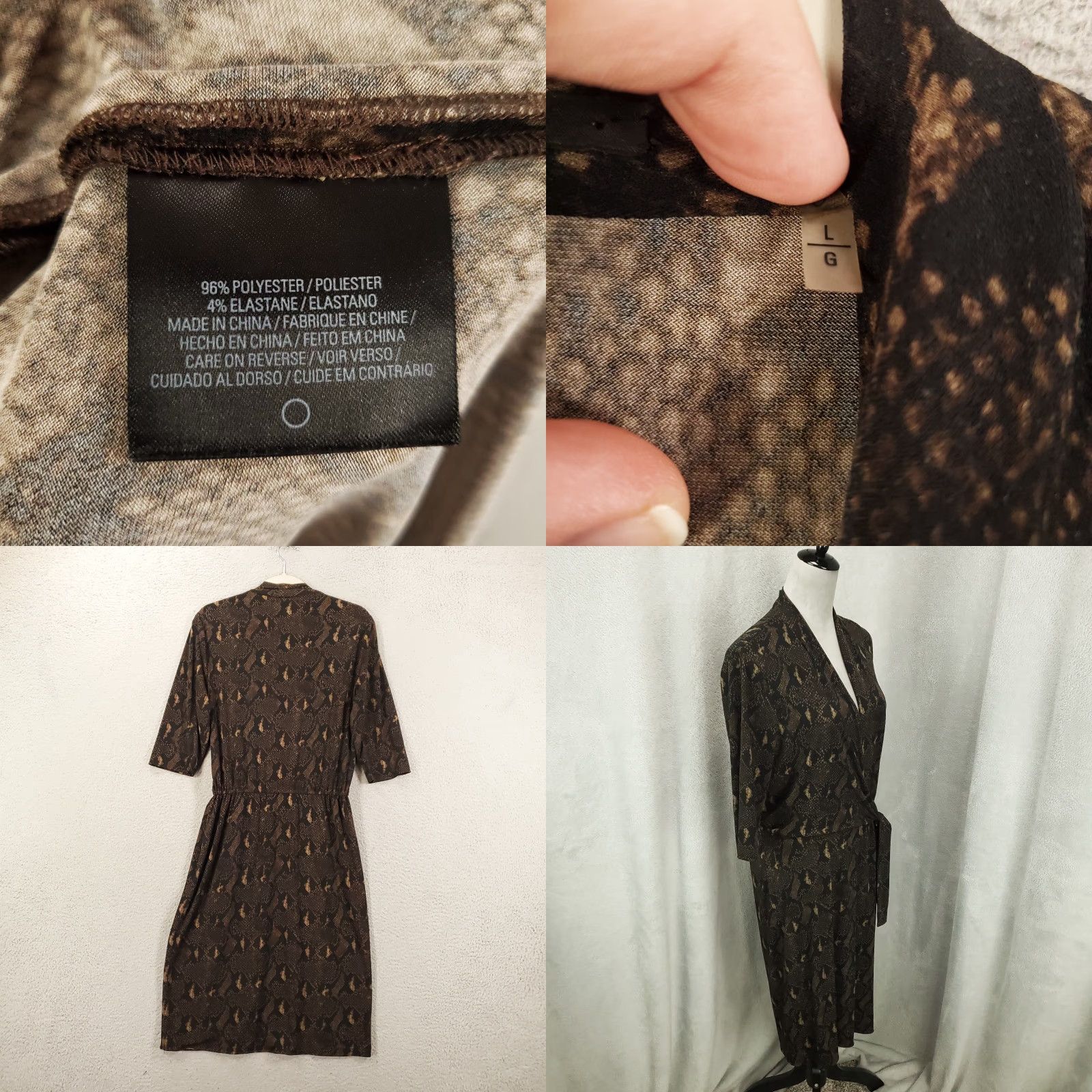 Vintage Tahari Dress Womens Large Black Brown Snake Print Faux Wrap V-Neck Stretch Size L / US 10 / IT 46 - 8 Thumbnail