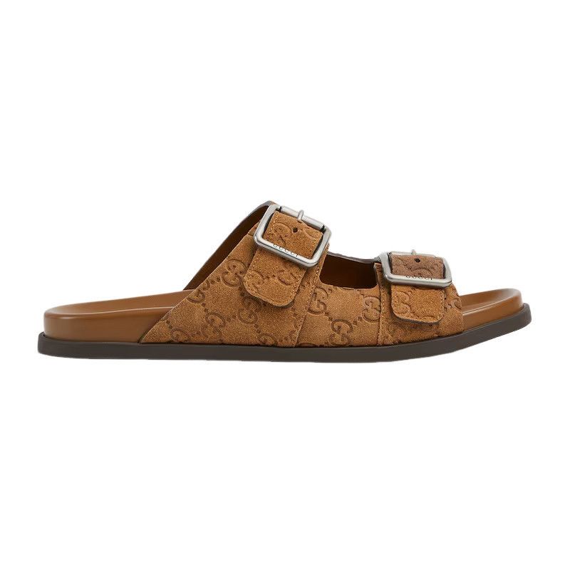 GUCCI $1050 Men's Cognac GG Suede Slide Sandals New & Authen