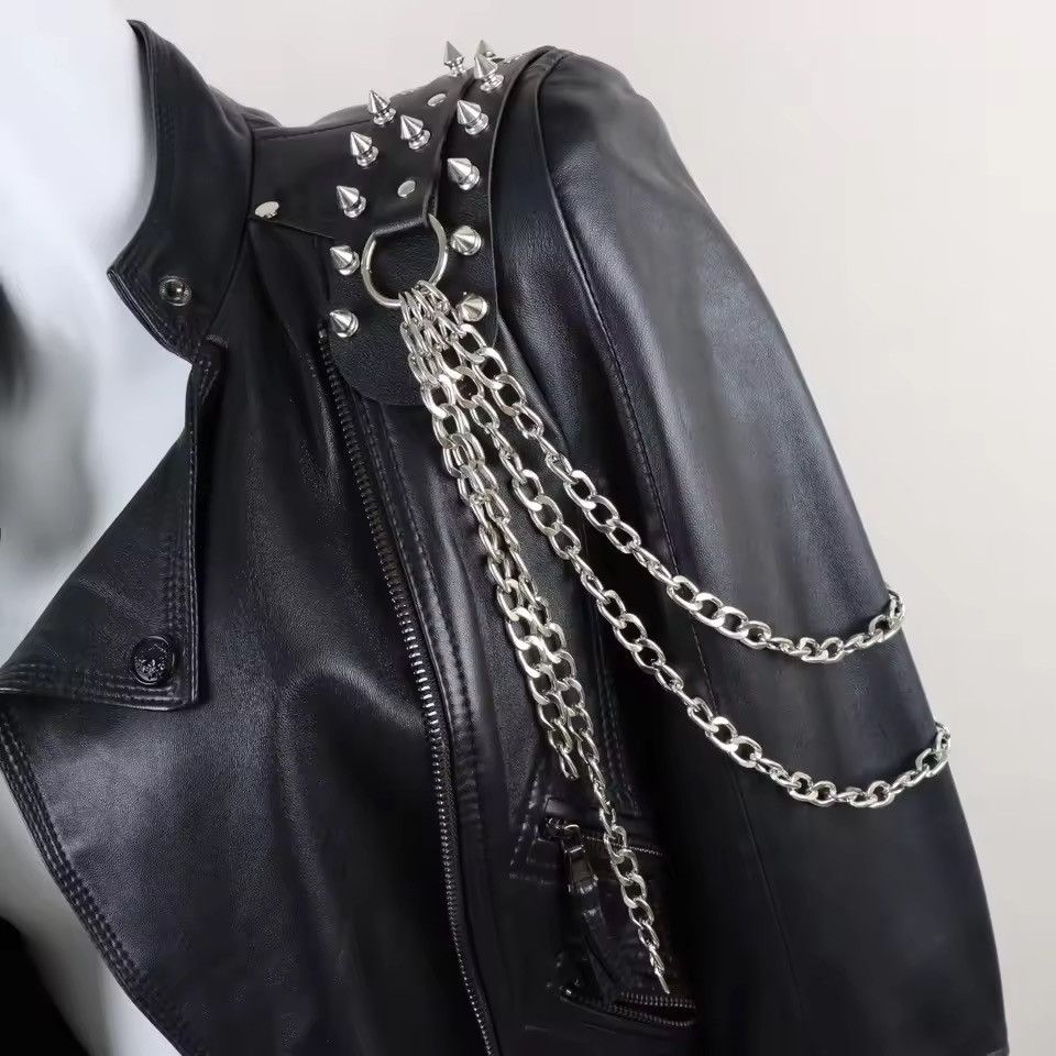Japanese Brand Black PU Leather Spiked Shoulder Harness Epaulet Chain Size ONE SIZE - 3 Thumbnail