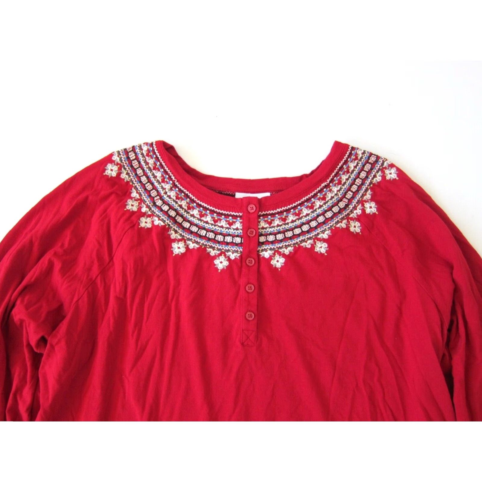 J. Jill VINTAGE J.Jill Embroidered Red Long Sleeve Blouse Women XL Cotton Rayon T-Shirt Style Tunic Shirt Size XL / US 12-14 / IT 48-50 - 4 Thumbnail