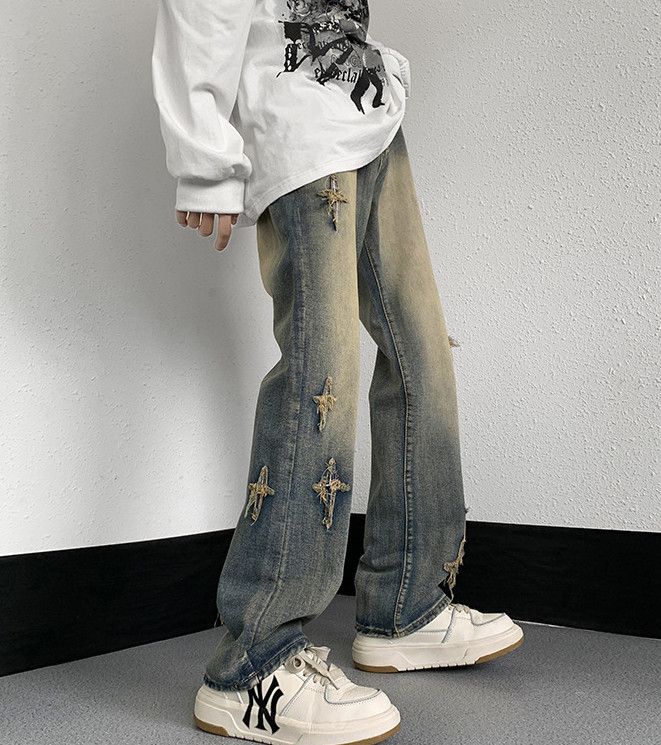 Japanese Brand Men's American high street cross embroidered loose jeans Size US 32 / EU 48 - 3 Thumbnail