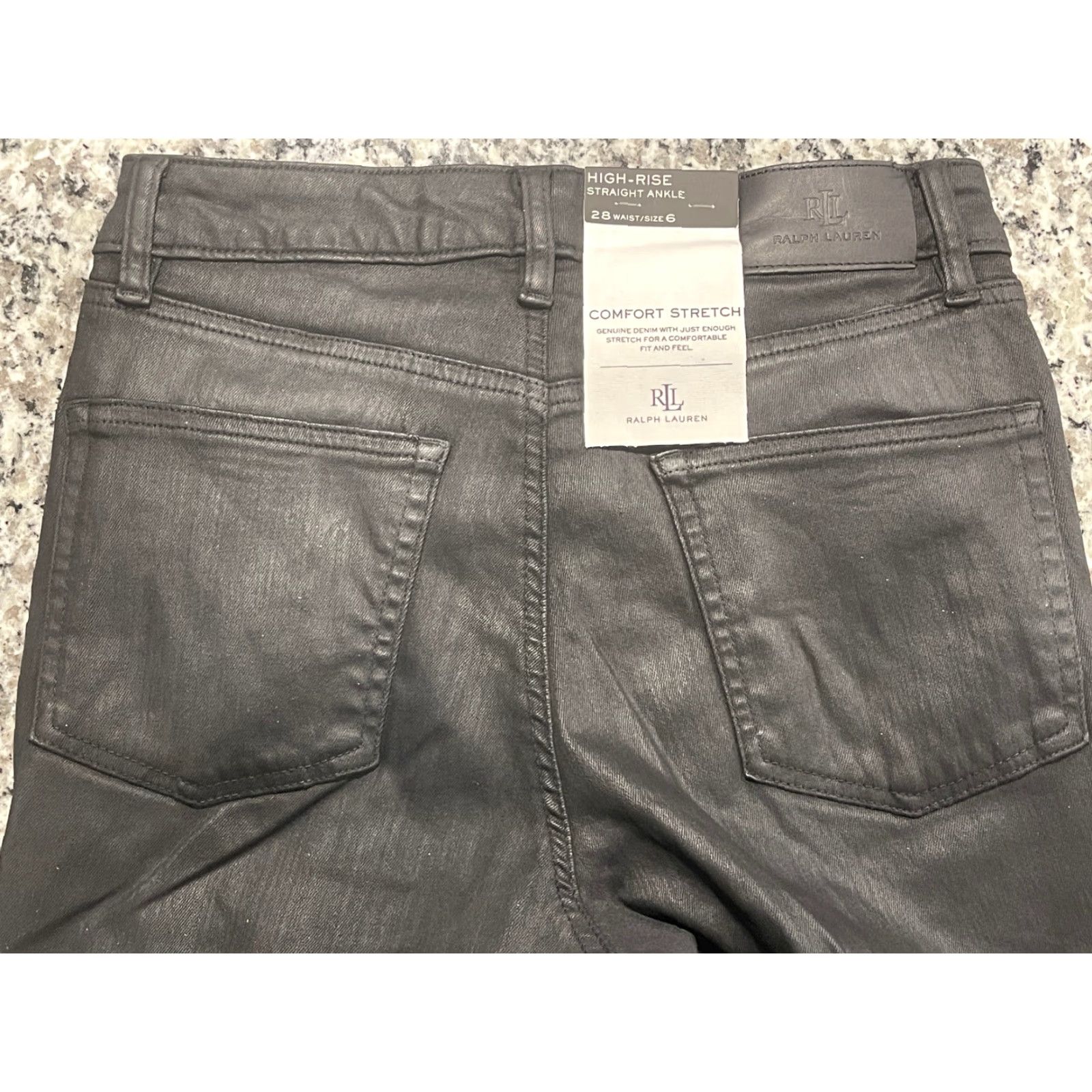 Ralph Lauren Denim Jeans Coated High Rise Ankle Straight Women Size 6 Black Dark Logo 90s